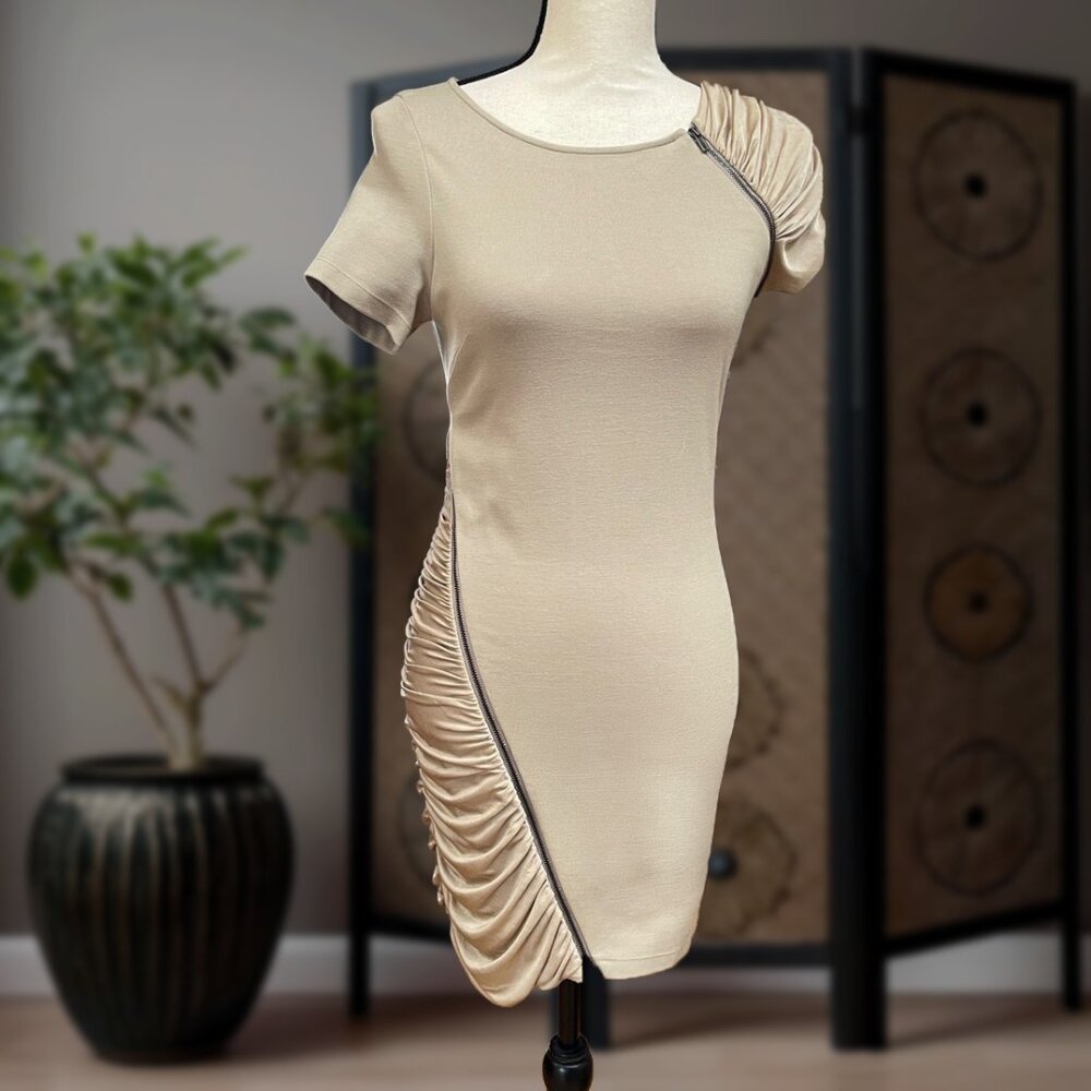 BCBG Max Azria Wynter Asymmetric Zip Ruched Khaki Dress Perfect Condition XS